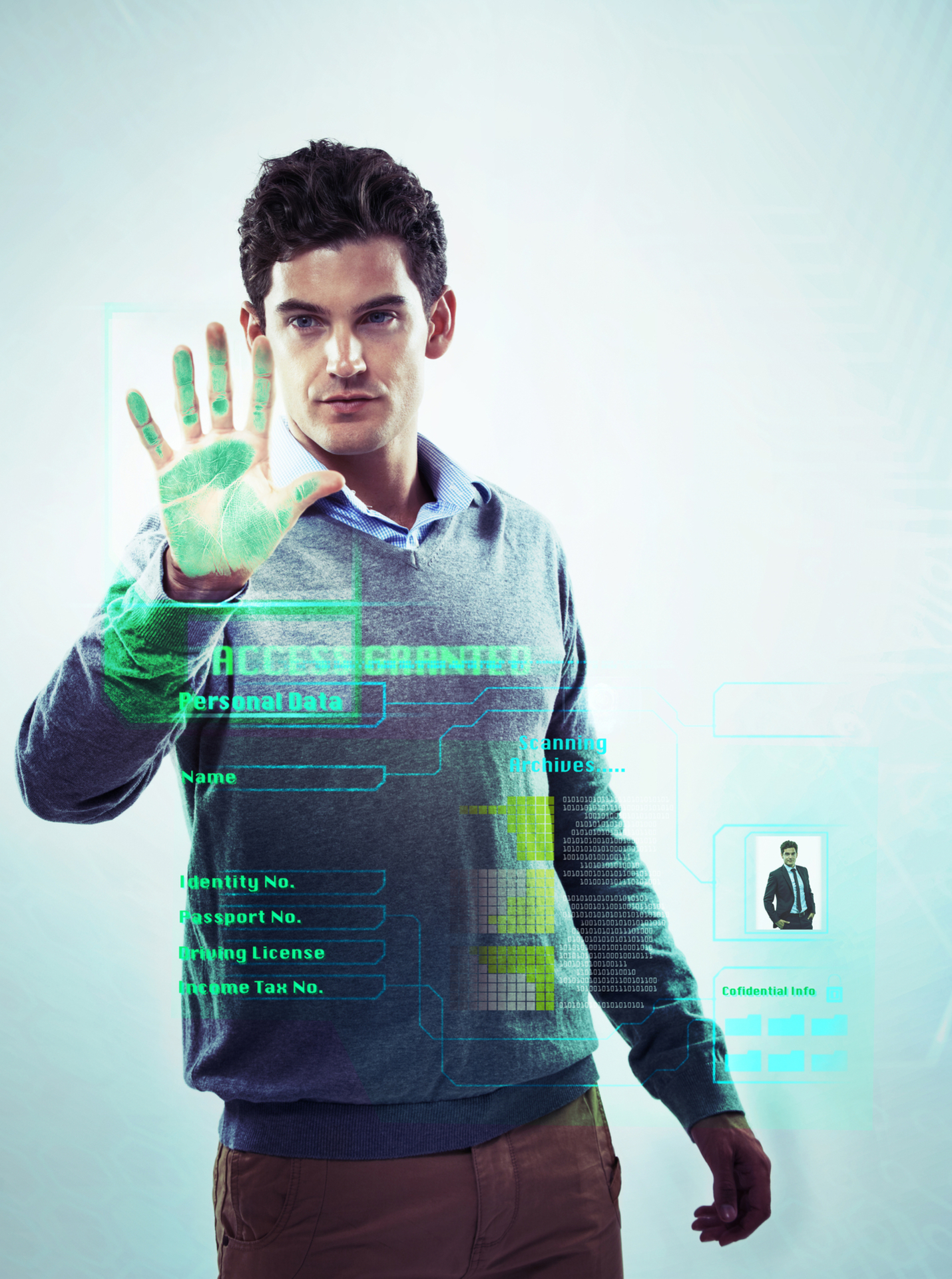 Concept of man with holographic hands and access to system